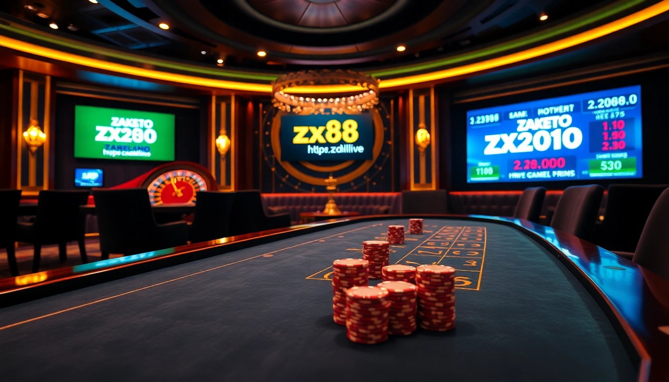 Engaging gameplay at https://zx88.live/ with luxury poker tables and a spinning roulette wheel.