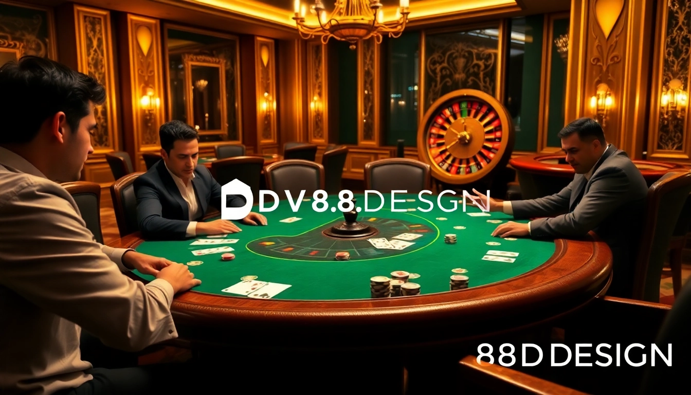 Experience exciting gameplay at https://dv88.design/ with professional poker players at a luxurious casino table.