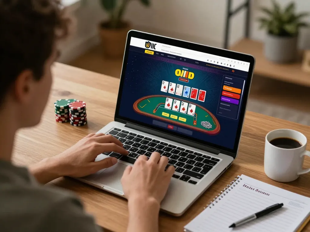 X88 player engaged in a live dealer blackjack game, cozy modern home setting illustrating strategic online gaming.