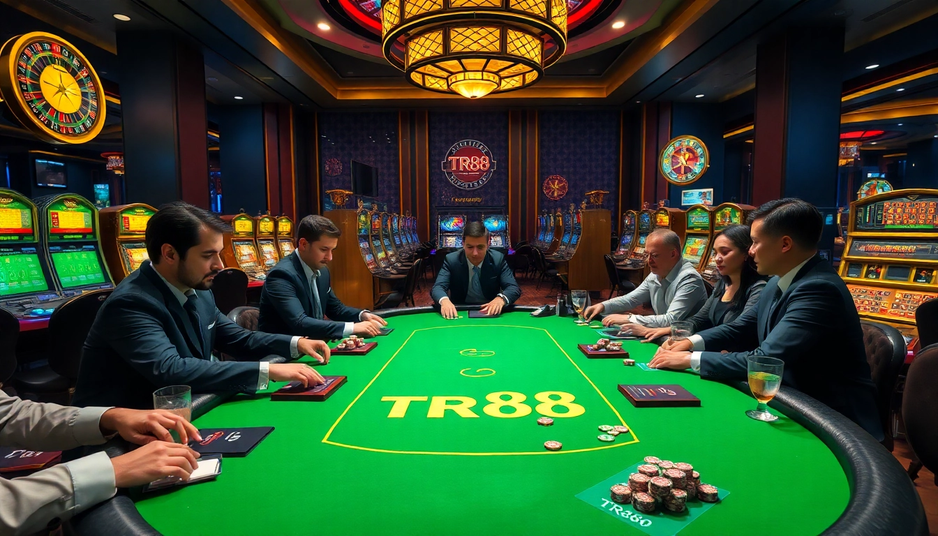 Experience high-stakes poker at TR88's luxurious casino table with vibrant chips and stylish players.