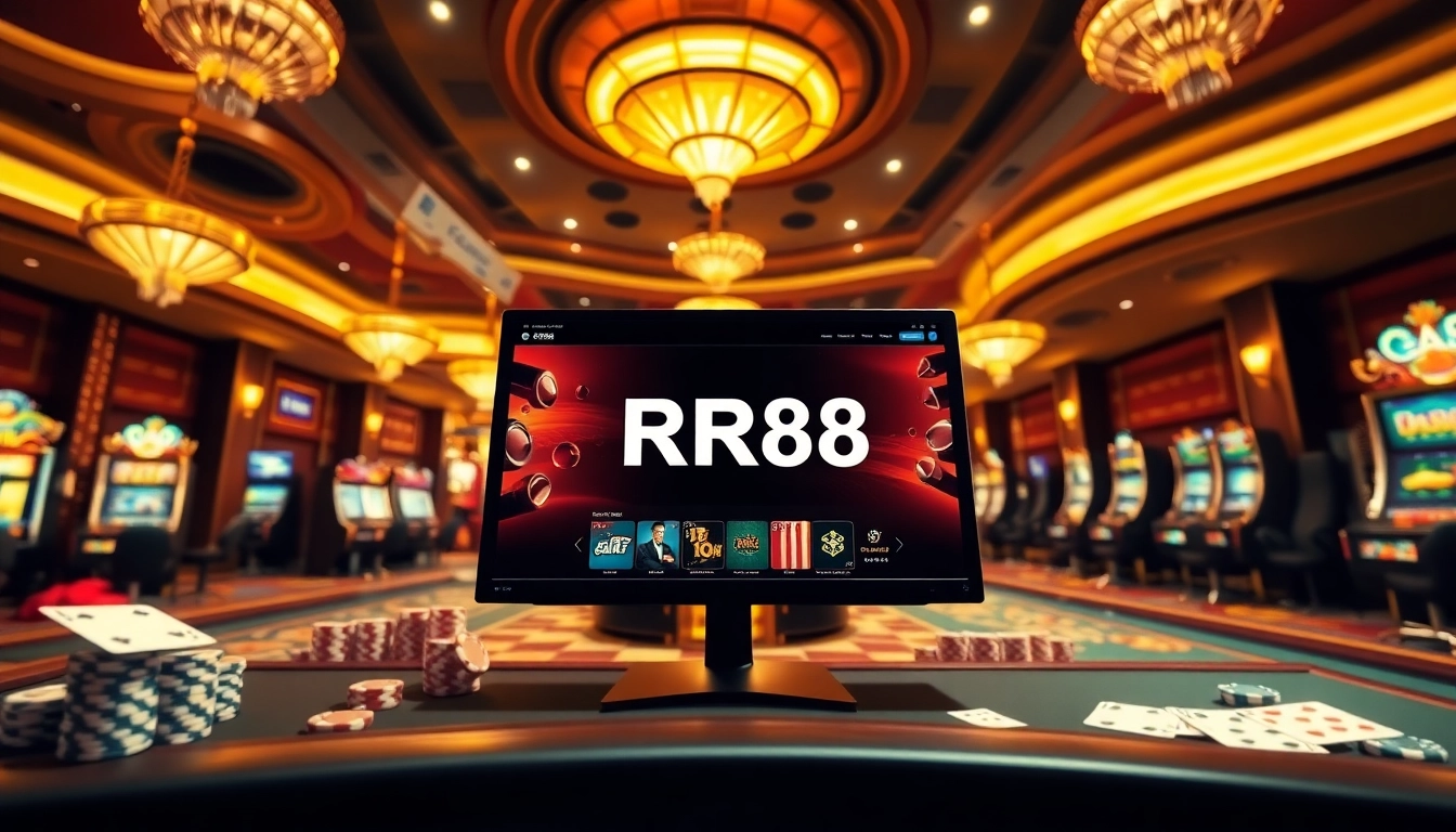 Engaging players at RR88 betting on casino games amidst vibrant slot machines and poker tables.