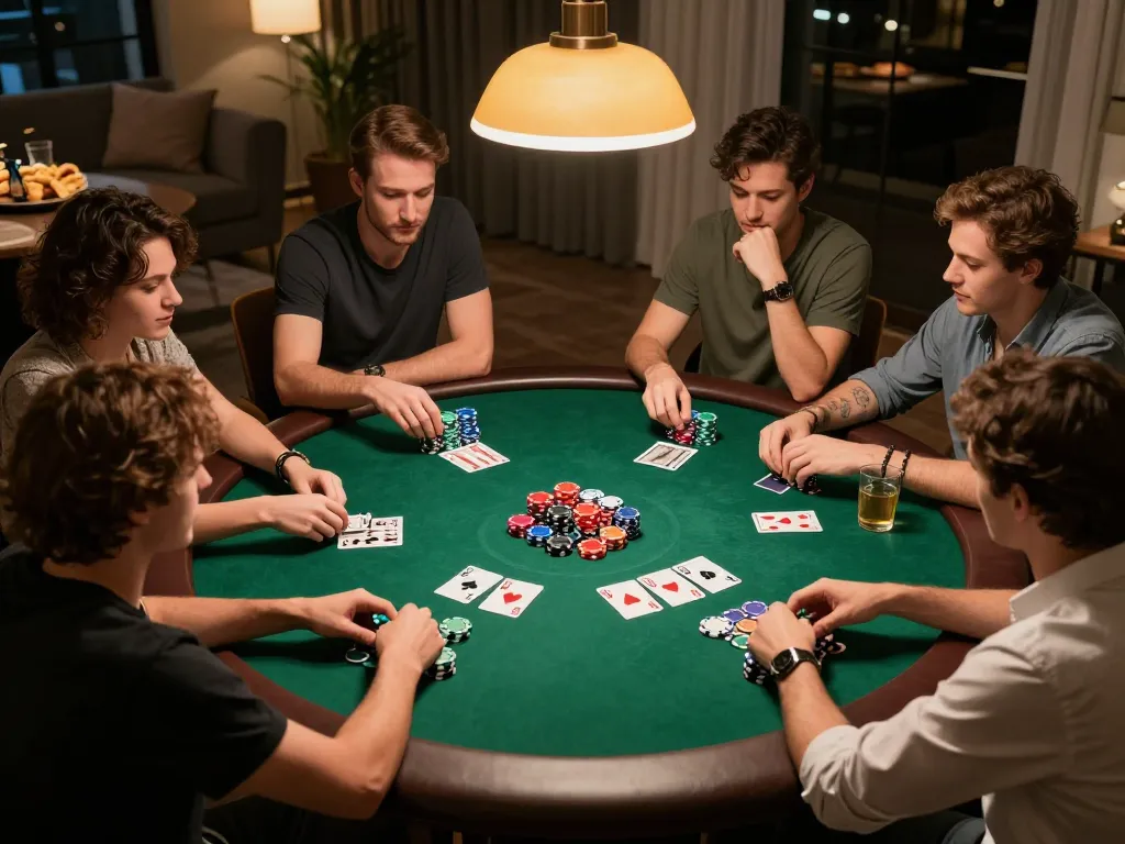 Engaged friends at a home poker night playing Texas Hold'em, showcasing vin777 casino strategies with vibrant poker chips.