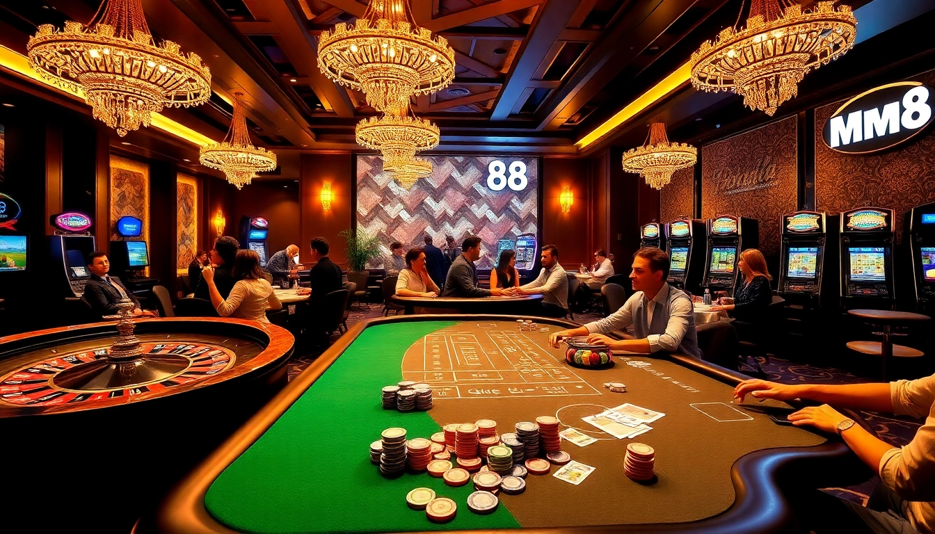 Excited players engaging at the Mm88 roulette wheel and casino tables filled with chips.
