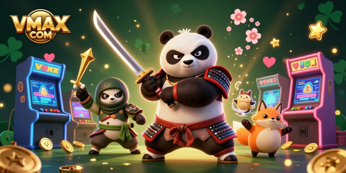 Experience thrilling gaming with VMAX COM in this vibrant casino scene featuring samurai panda and friends.