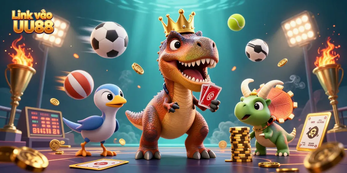 Play games and win with Link vào UU88 in a vibrant 3D casino scene, featuring T-Rex, triceratops, and pterodactyl.