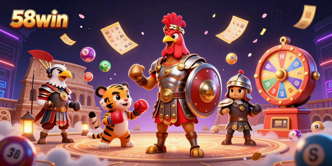 Engage in thrilling 58win action with a cartoon gladiator rooster and vibrant lottery elements.