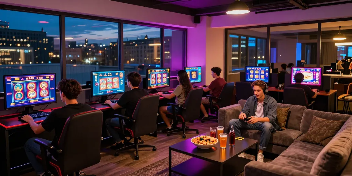 Exciting scene of friends enjoying online gameplay at credit card casinos with vibrant gaming setup and city views.