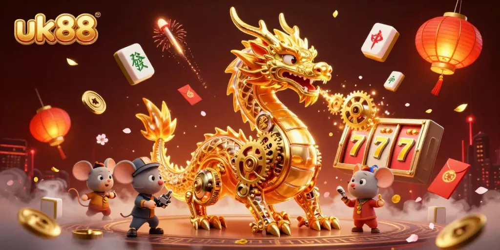 Engage in thrilling action with uk88 as a biomechanical dragon breathes golden gears amidst vibrant casino elements.