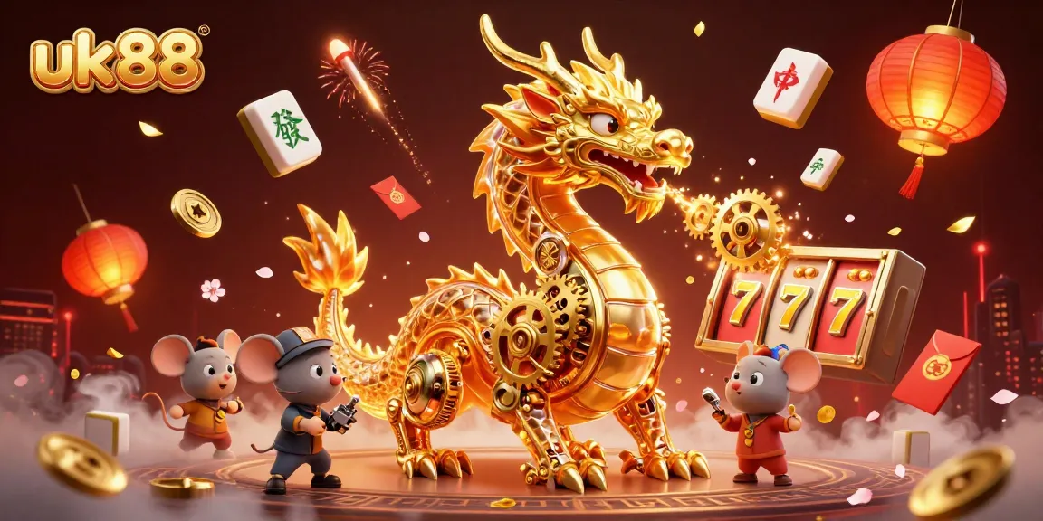 Engage in thrilling action with uk88 as a biomechanical dragon breathes golden gears amidst vibrant casino elements.