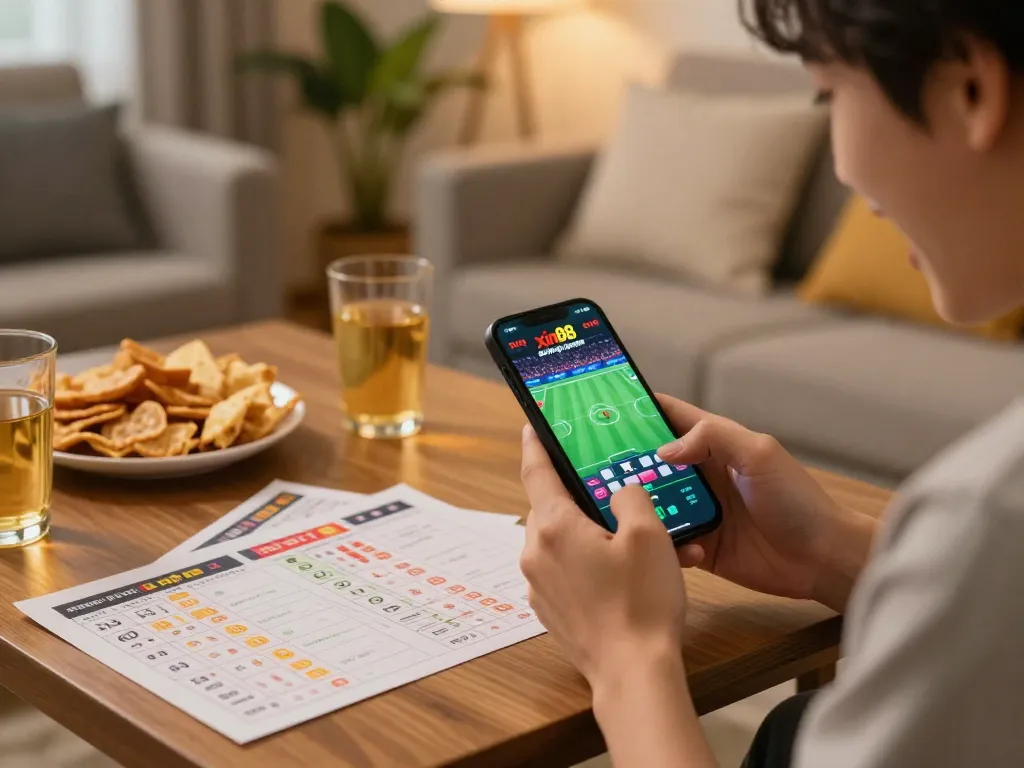 Engaging moment of online betting at nhà cái xin88 with a smartphone in a cozy setting, showcasing dynamic gameplay.
