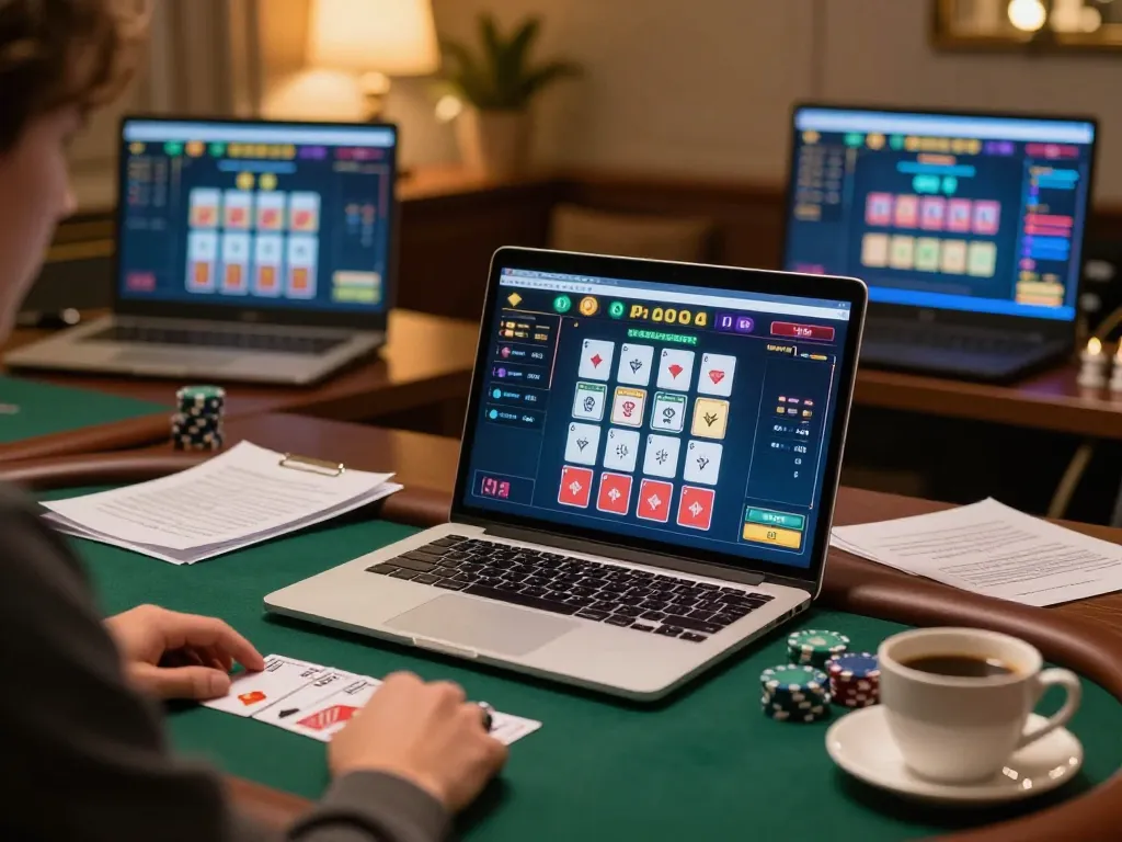 Experience the thrill of online poker at XX88 with a dedicated gaming setup, showcasing a laptop and strategy notes.