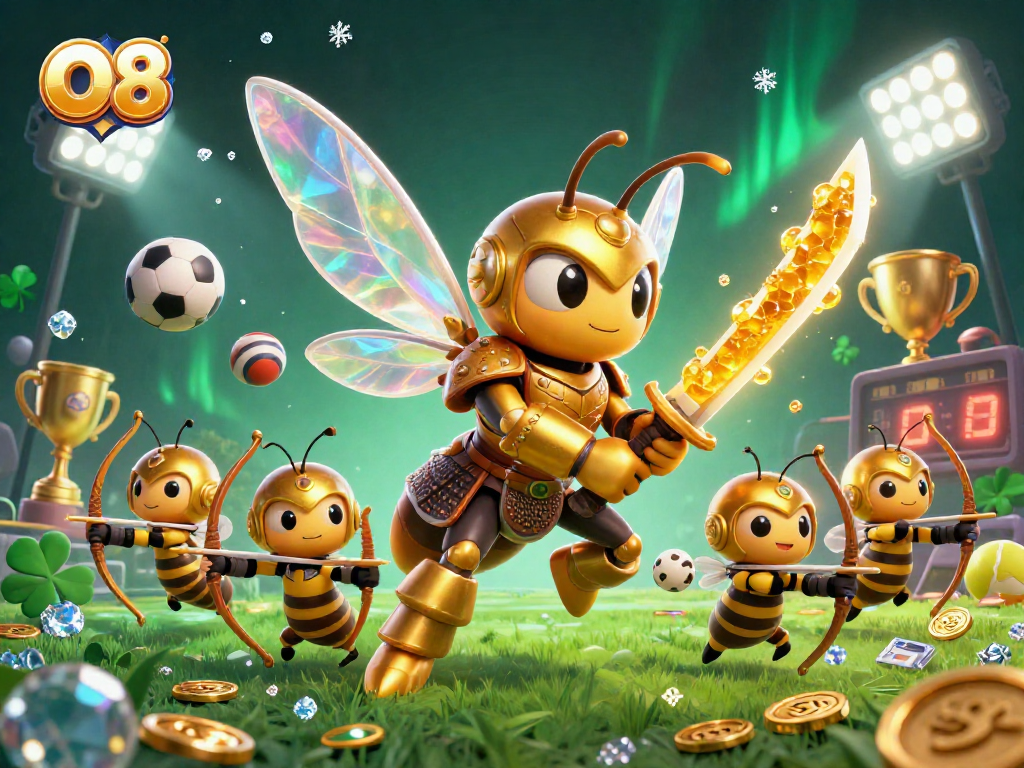 Experience O8-themed gambling excitement with captivating digital art of samurai hornet and sports elements.