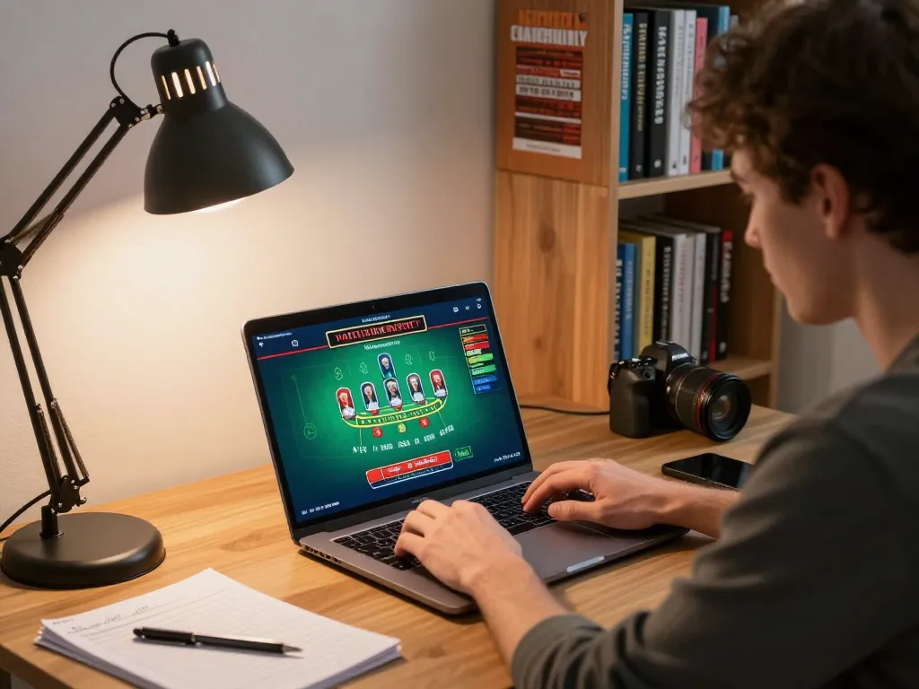 Engaging home gambling setup for Link vào Sky88 online blackjack strategy with player focused on screen.