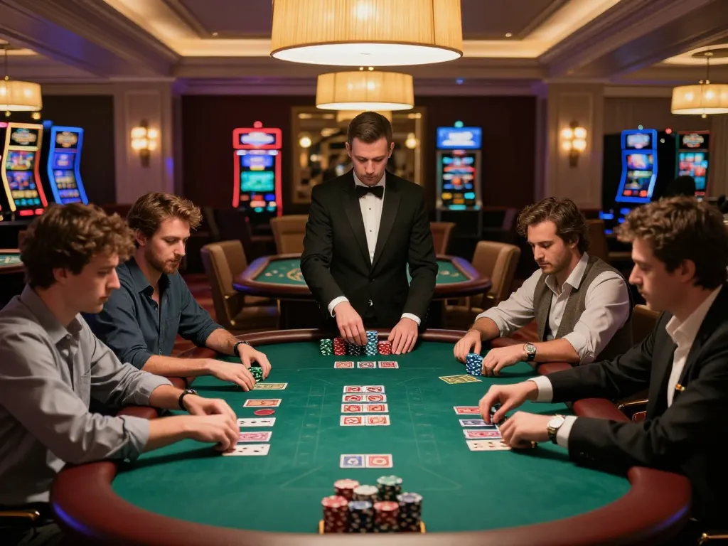 Sunwin poker game scene showcasing intense player focus and chips being raised in a vibrant casino.