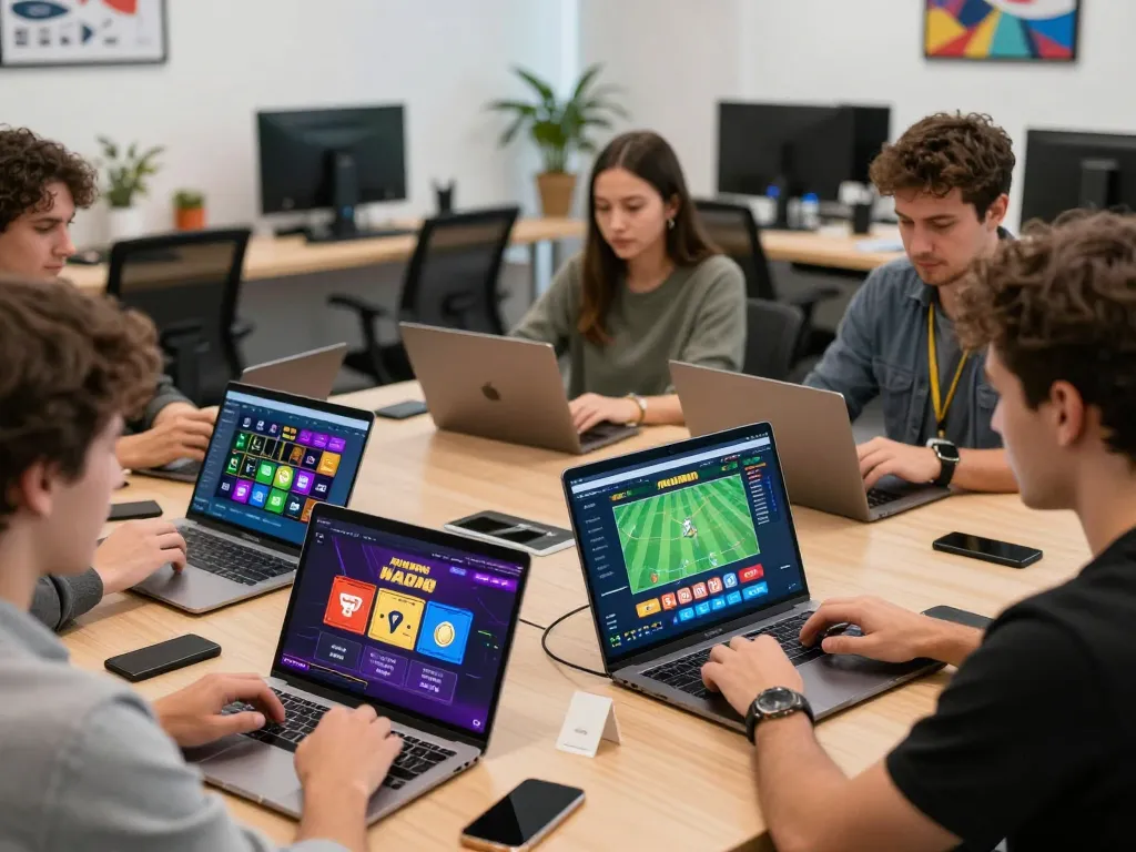 Engaging scene of players enjoying nhà cái Goal123 platform on various devices in a vibrant setting.
