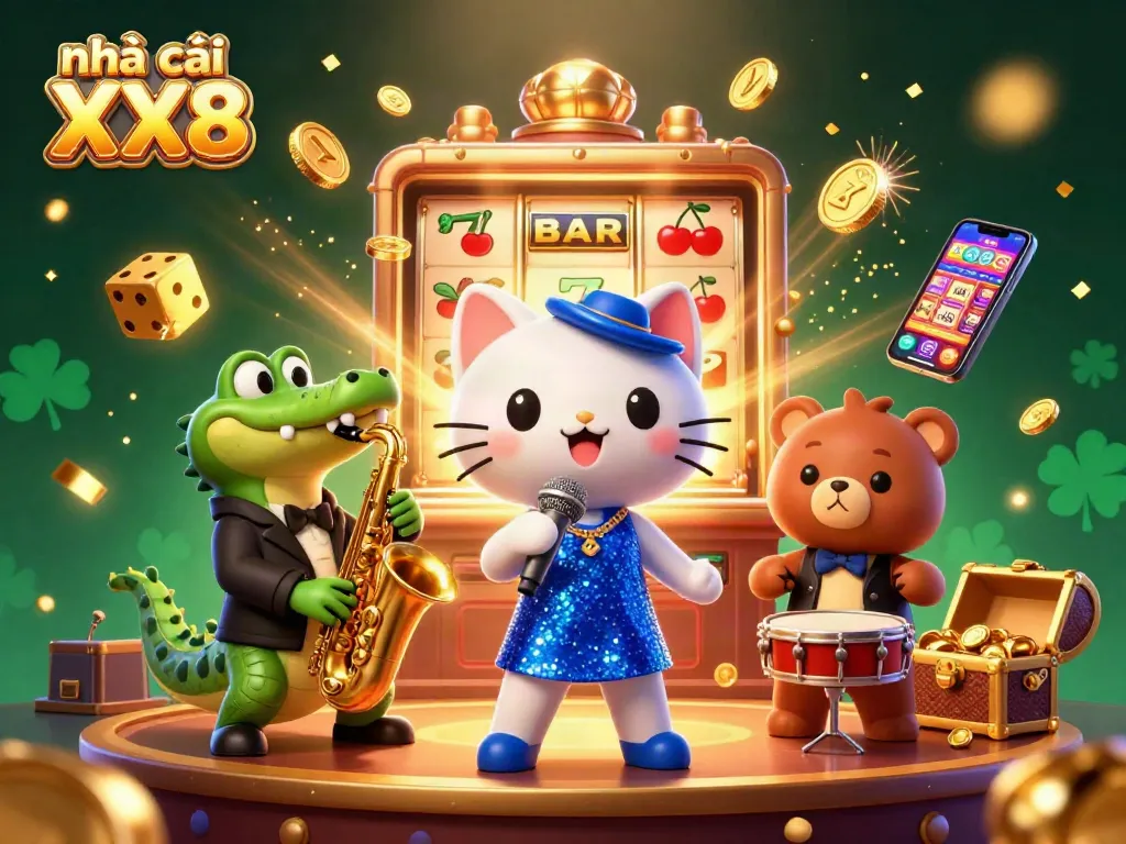 Engage with nhà cái XX8 as the jazz-singer cat, saxophone crocodile, and drum bear unite in a vibrant casino scene.
