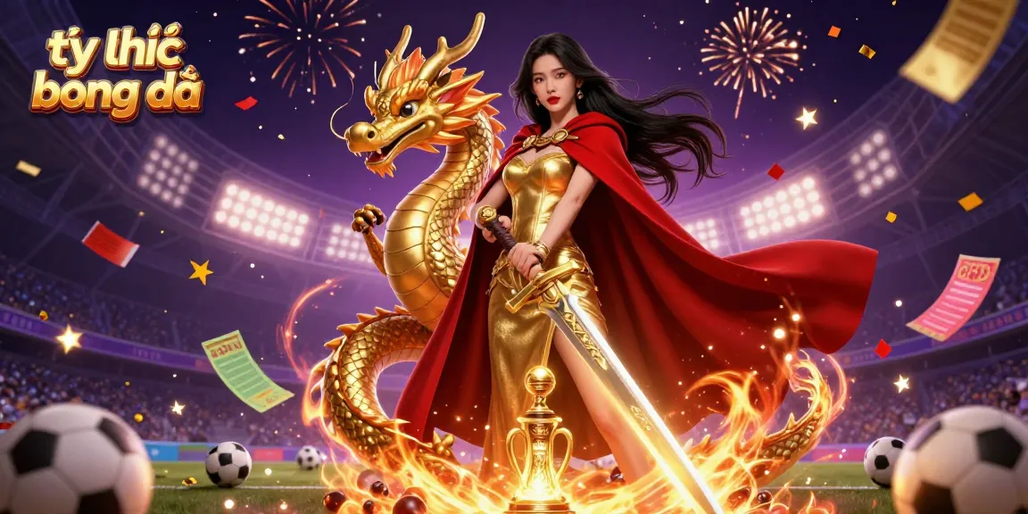 Betting on tỷ lệ bóng đá with a stunning warrior queen amidst dynamic golden sports elements.
