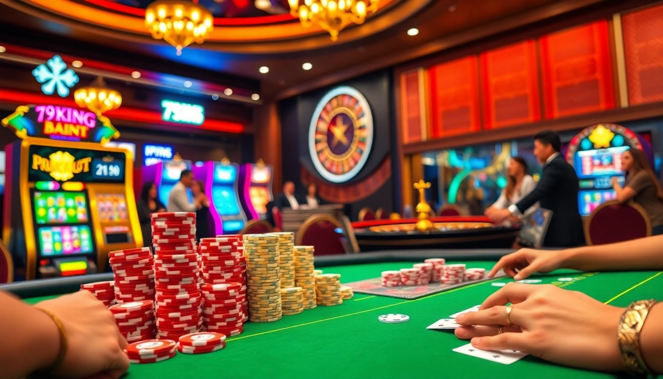 Players enjoying a thrilling game at the 79KING casino, featuring vibrant tables and exciting slot machines.