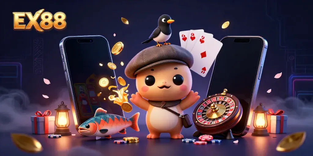 Play casino games with EX88 - 3D cartoon characters celebrating wins amidst vibrant gaming elements.