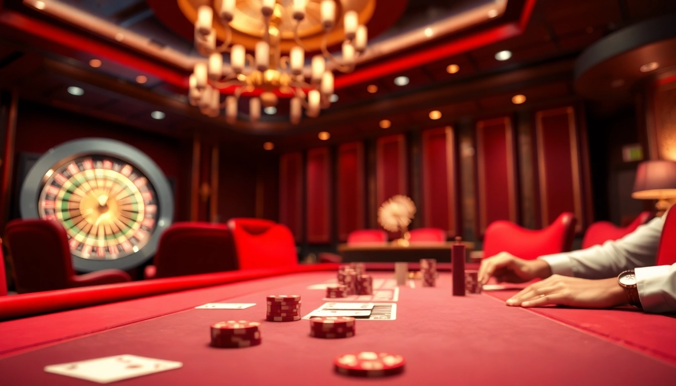 A thrilling poker scene showcasing the tỷ lệ kèo nhà cái 5 amidst casino ambiance and players engaged in the game.