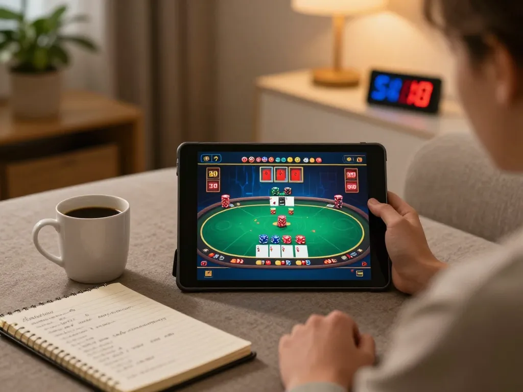 Person engaging in online poker on a tablet, highlighting TG88 and strategy planning in a cozy setting.