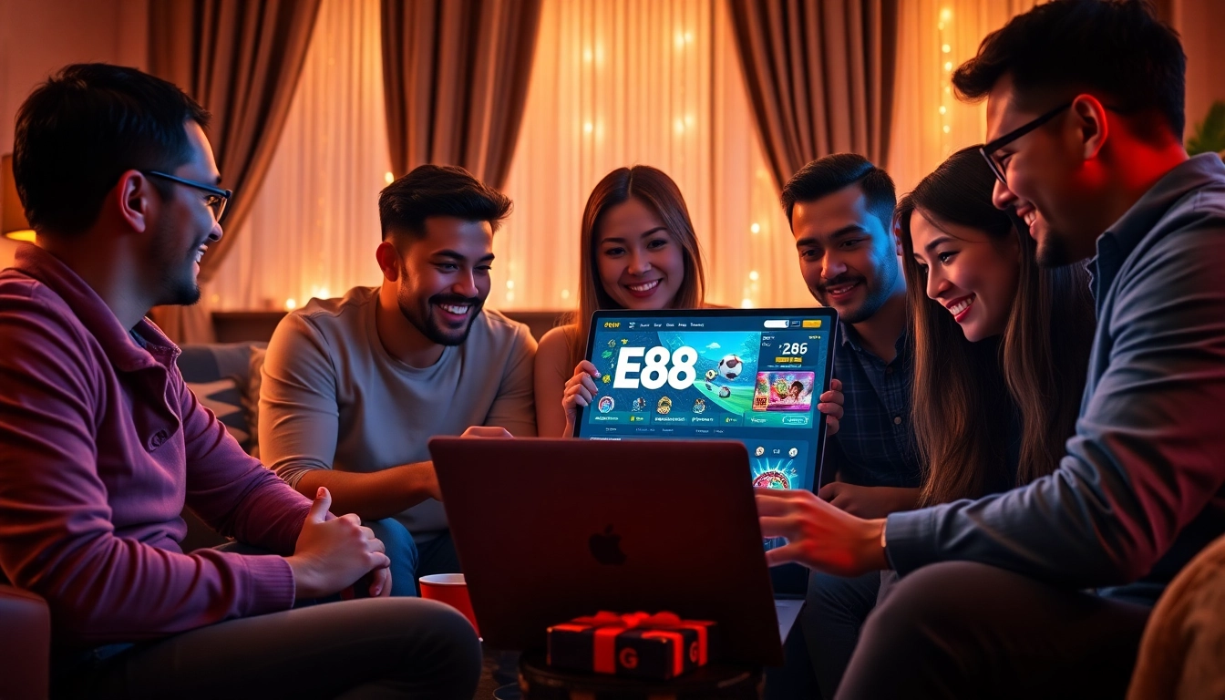 Engaging scene of friends enjoying online gambling on E88, showcasing excitement and camaraderie.
