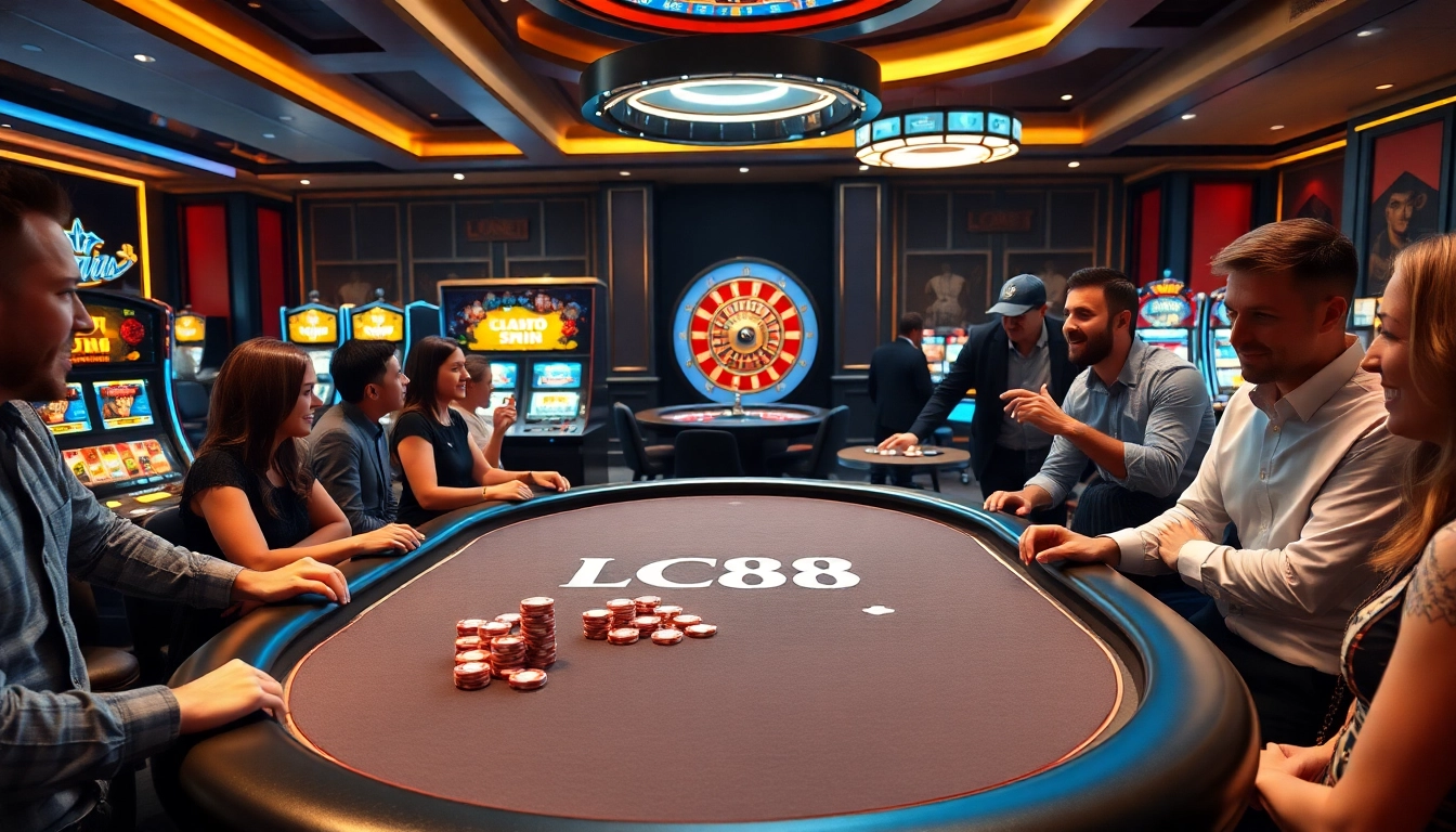 Players engaging in a thrilling game at the LC88 poker table in an upscale casino.