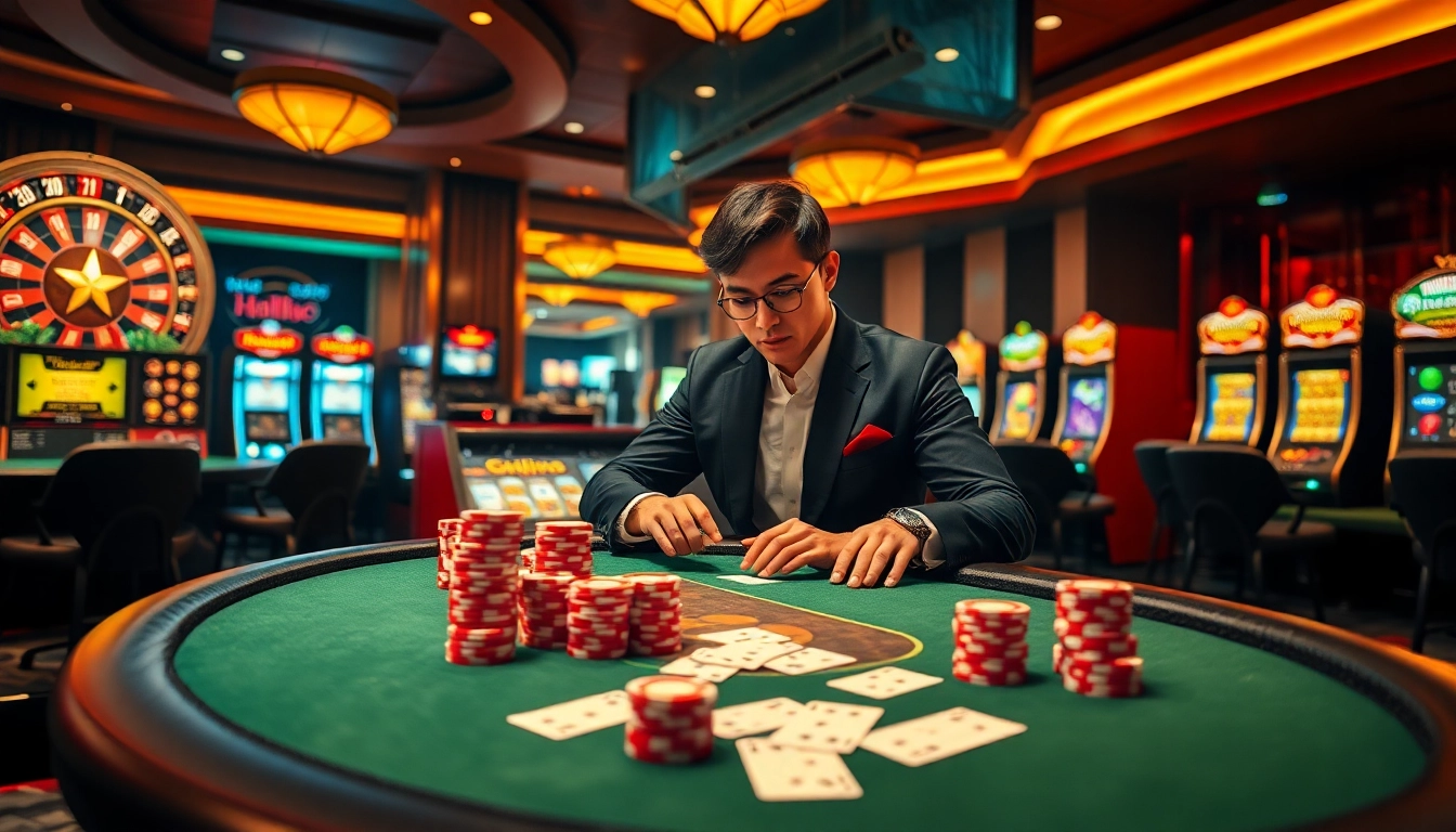 Hello88 players engaging in a thrilling card game at a luxurious casino table.