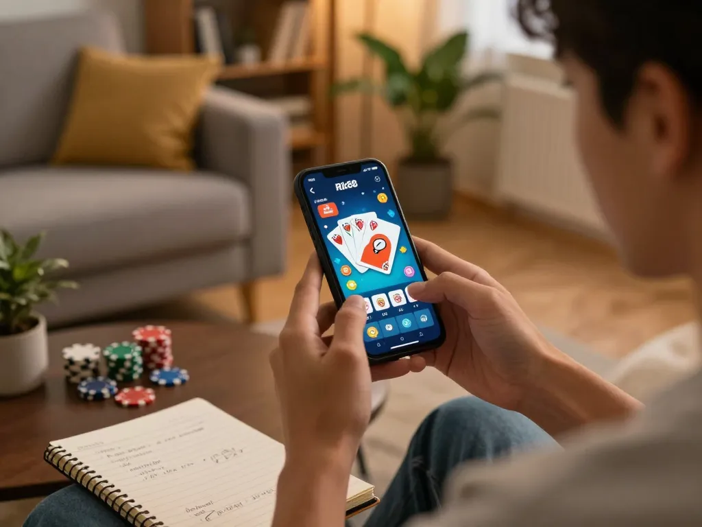 Engaging in mobile gameplay on the App Rik88 while relaxing at home, showcasing a cozy atmosphere and strategic planning.
