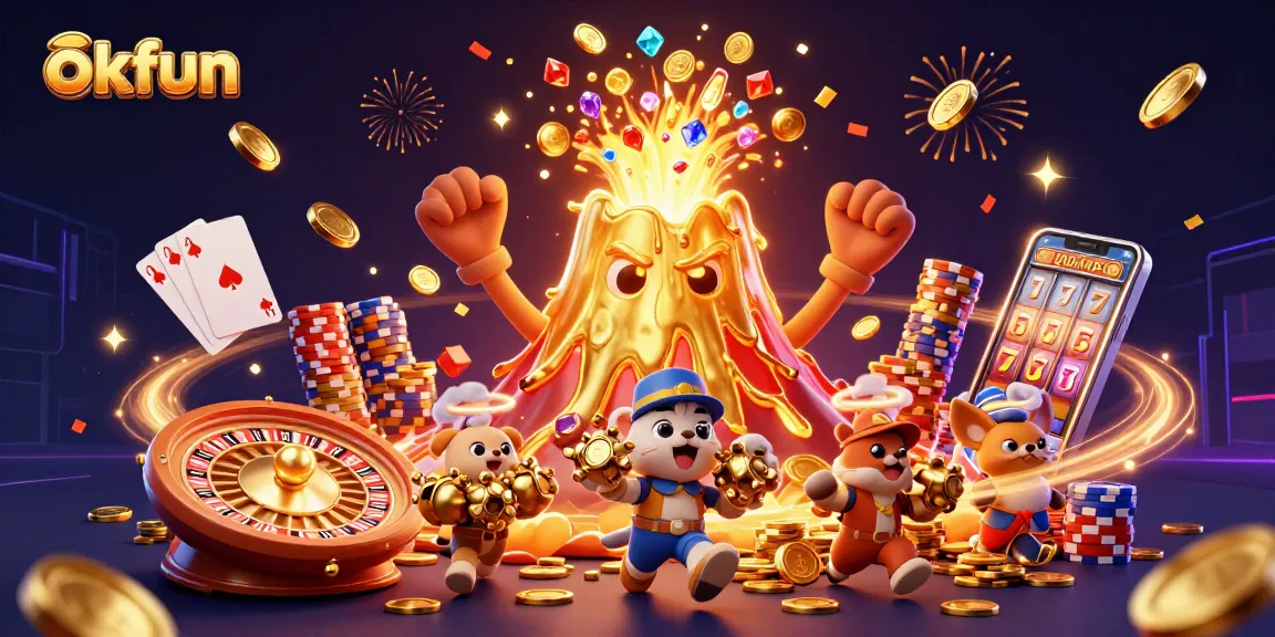 Spin the reels and win big with okfun's vibrant casino-themed illustration featuring dynamic characters and elements.