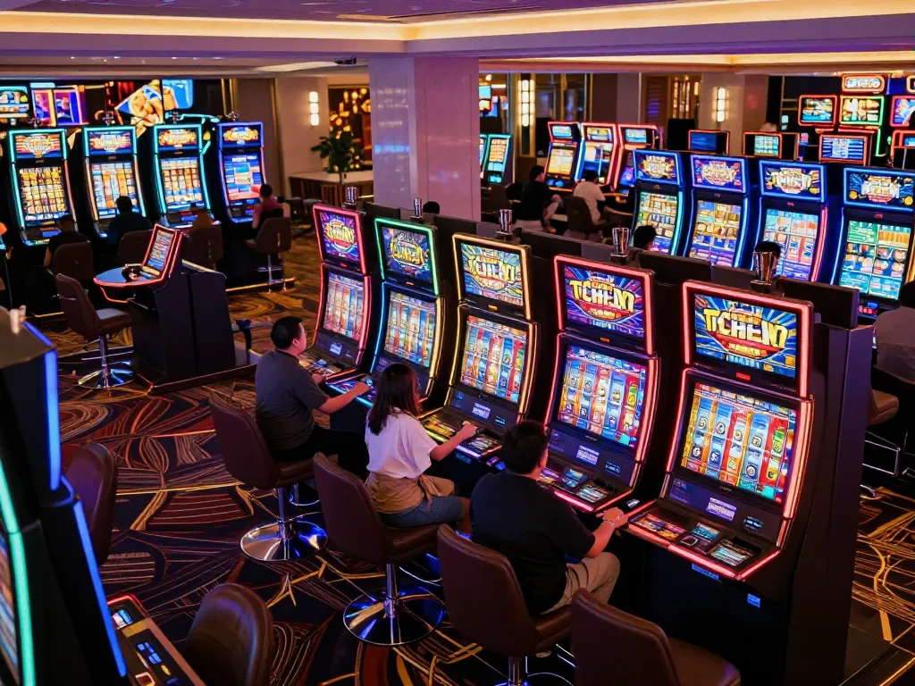 Experience the excitement at lc88's vibrant slot machine area with players watching reels spin