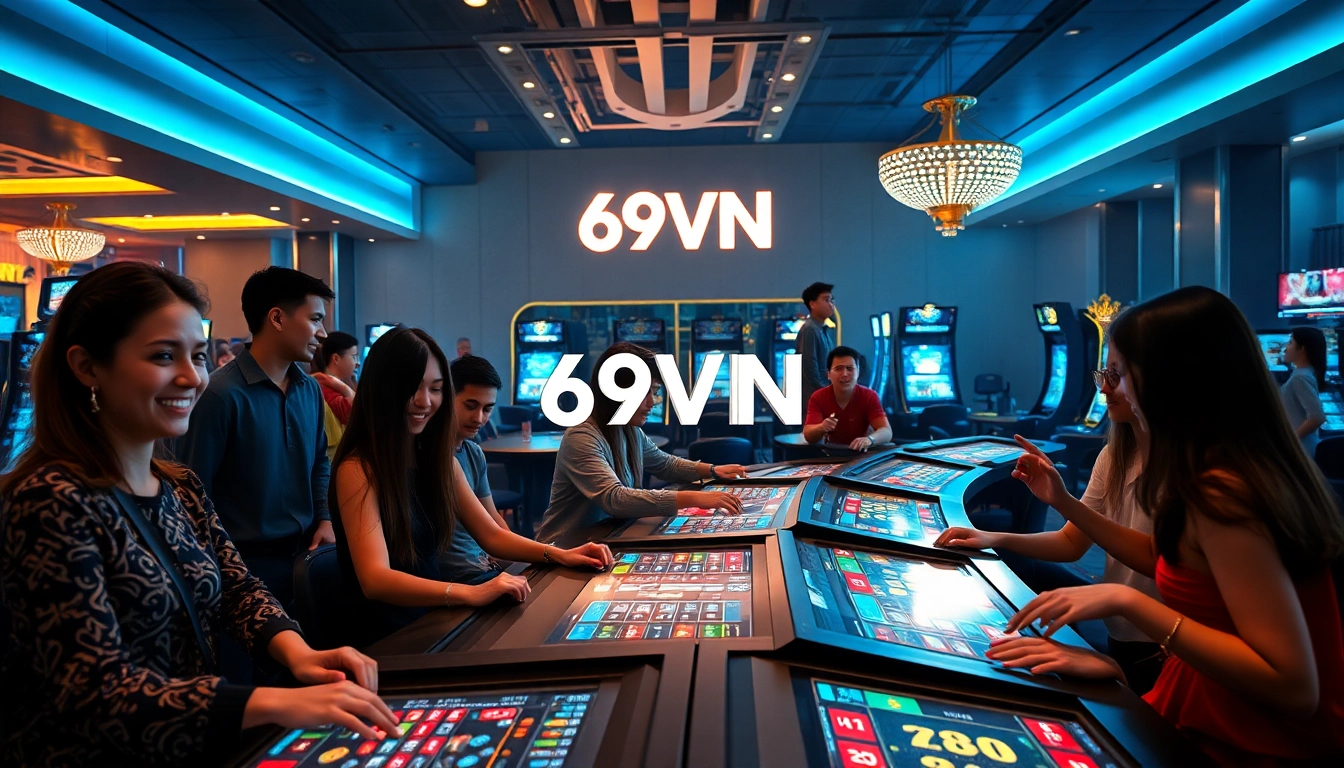 Exciting scene showcasing players at Trang chủ 69VN, an international online gambling platform, featuring diverse participants engaged in various games.