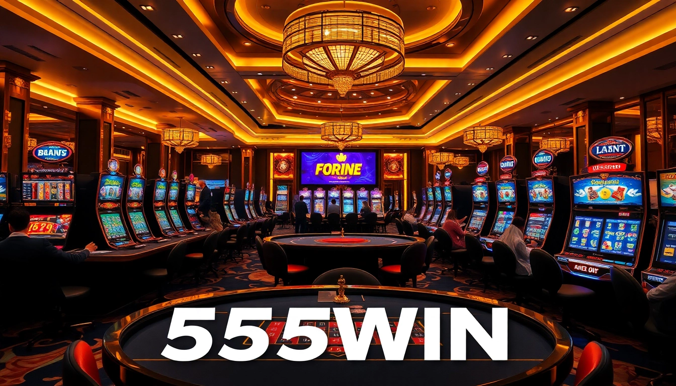 Experience excitement at Nhà cái 555WIN with luxury casino tables and vibrant slot machines.