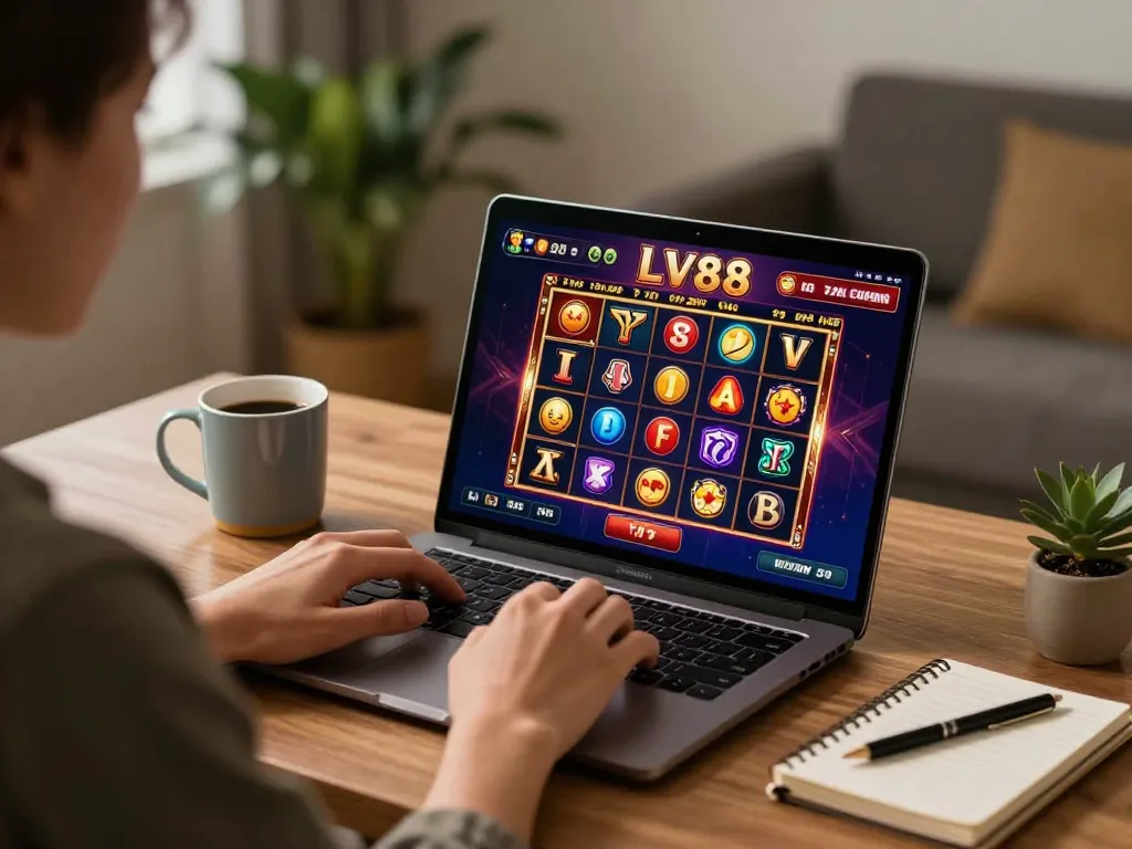 Player engaging with LV88 online casino slot games on a laptop, showcasing vibrant interface and cozy gaming setup.