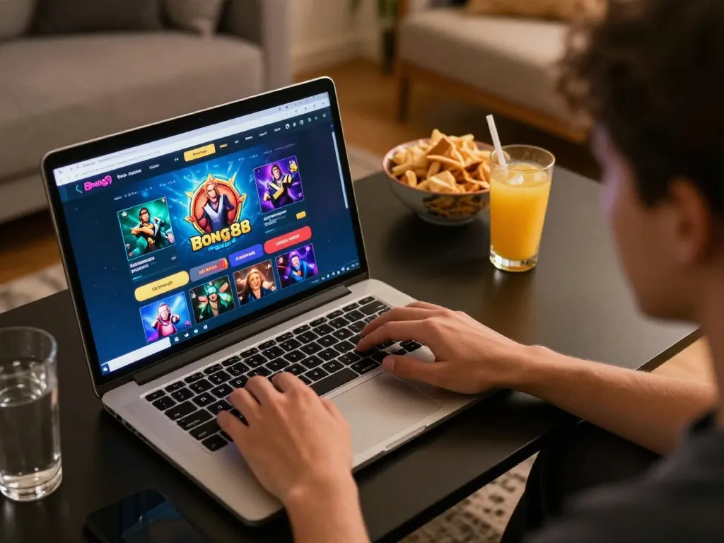 Bong88 online gaming session showing user engaging with the casino interface on a laptop at home.