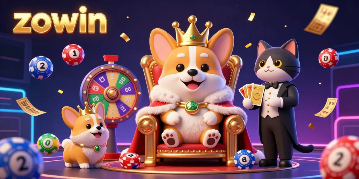 Experience the vibrant gaming scene with the zowin royal corgi reigning over a throne of poker chips.