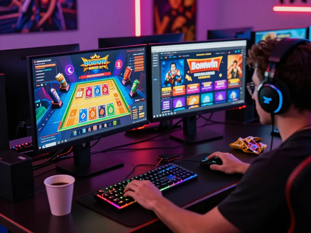 Engaging Bomwin online gaming setup with vibrant visuals and accessories.