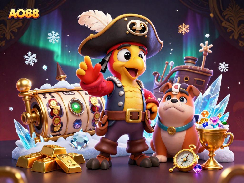 Engage with AO88's thrilling casino experience featuring a pirate captain and vibrant treasures.