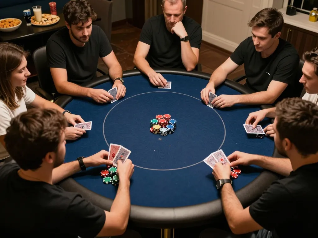 Players enjoying an engaging game of poker at home with 789win chips and cards
