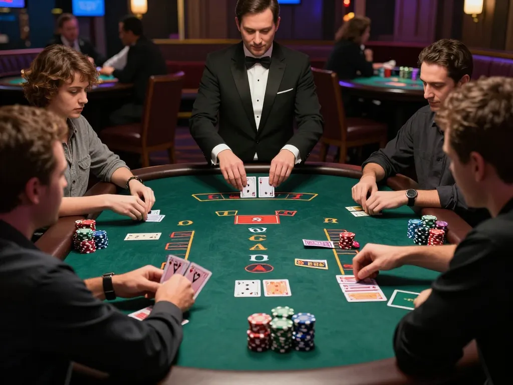 Players engaging in a thrilling blackjack game at SC88 casino, chips and cards mid-action, capturing strategic excitement.