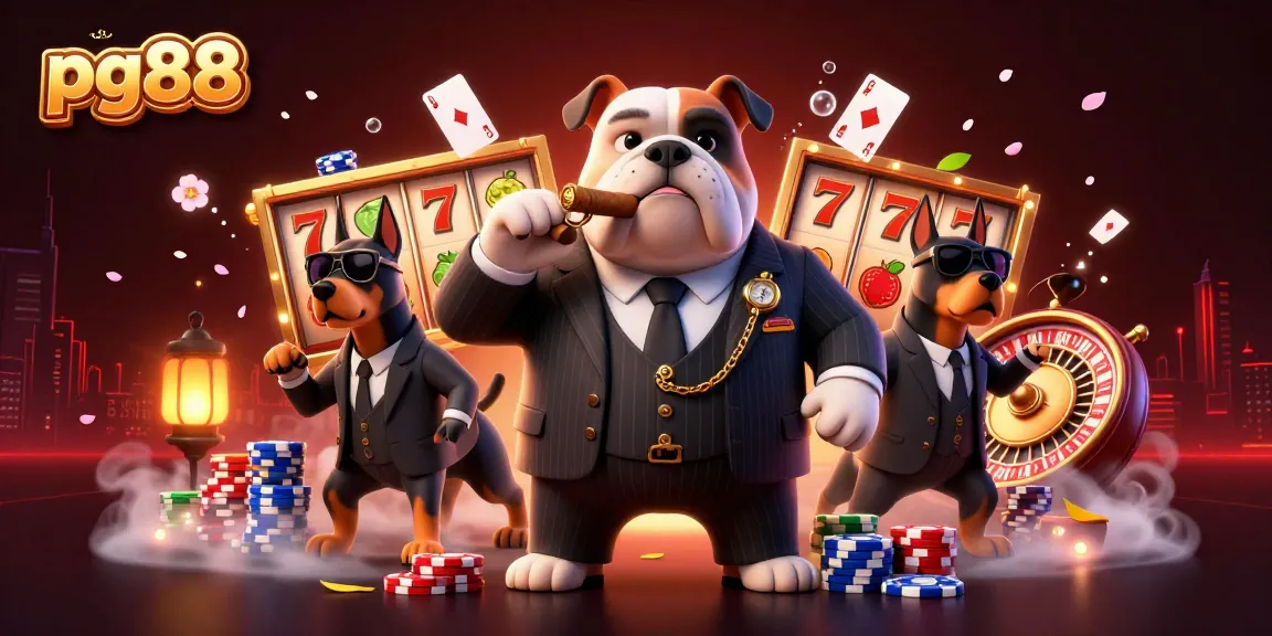 Experience winning thrills at pg88, featuring a mafia bulldog and gambling elements in a vibrant scene.