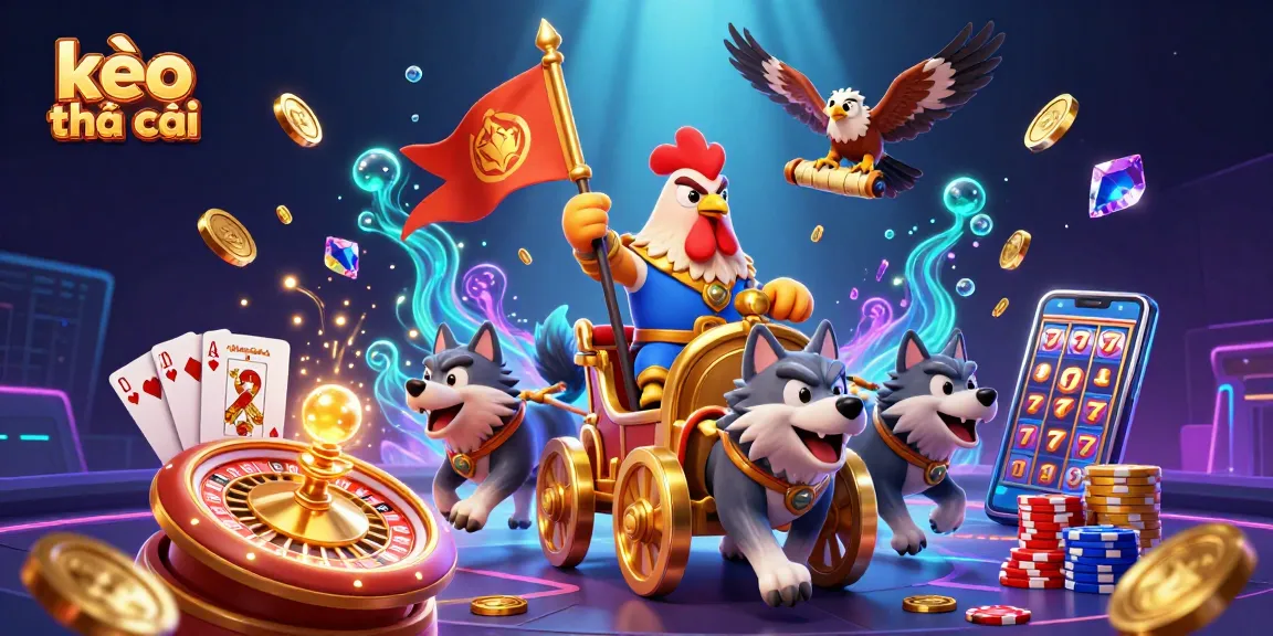Experience kèo nhà cái with a grand 3D display of gaming elements, vibrant casino atmosphere.