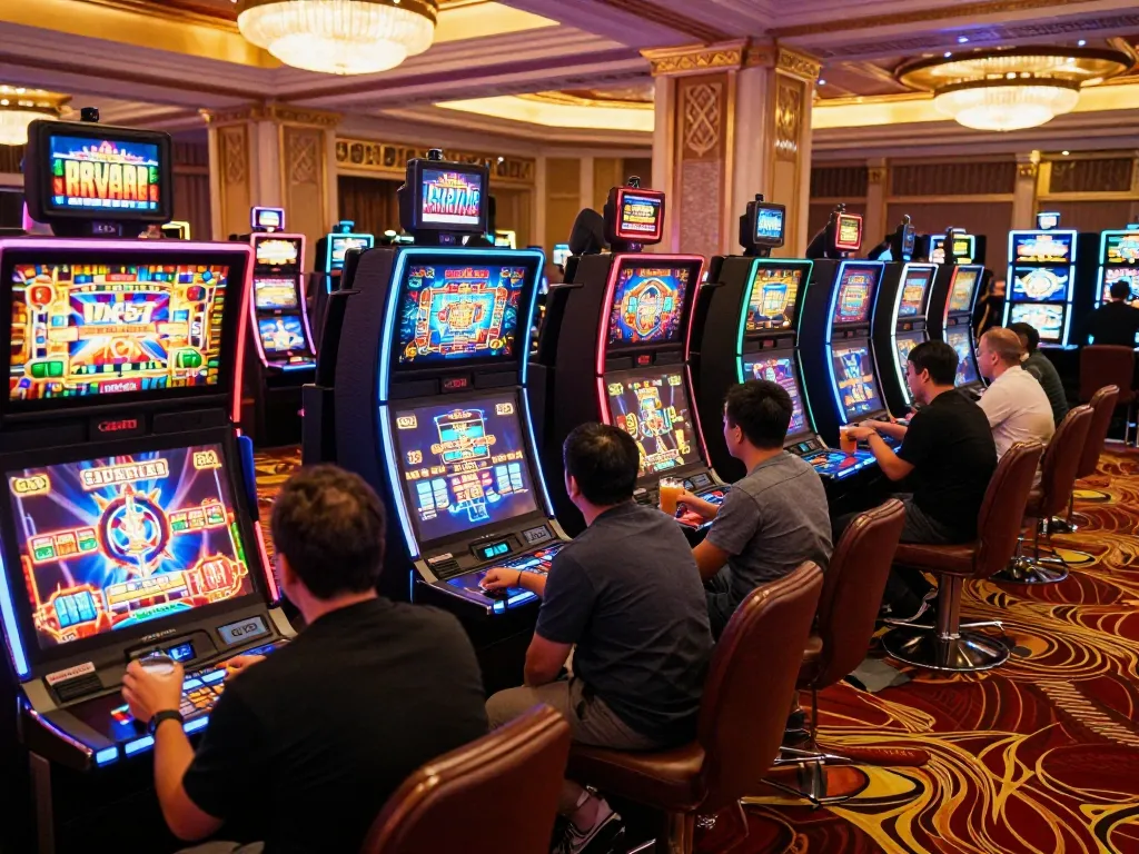 Players enjoying their time at a vibrant casino, showcasing the excitement around nhà cái uy tín gaming with colorful slot machines and rich atmosphere.