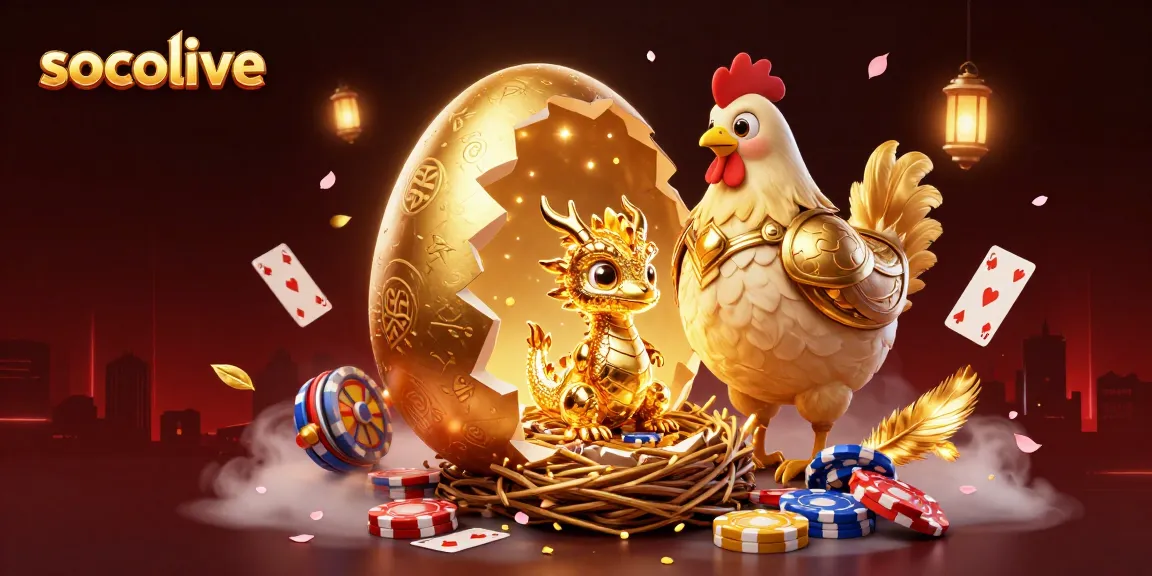 Socolive showcases a golden baby dragon on poker chips amidst dynamic casino elements, enhancing online gaming excitement.