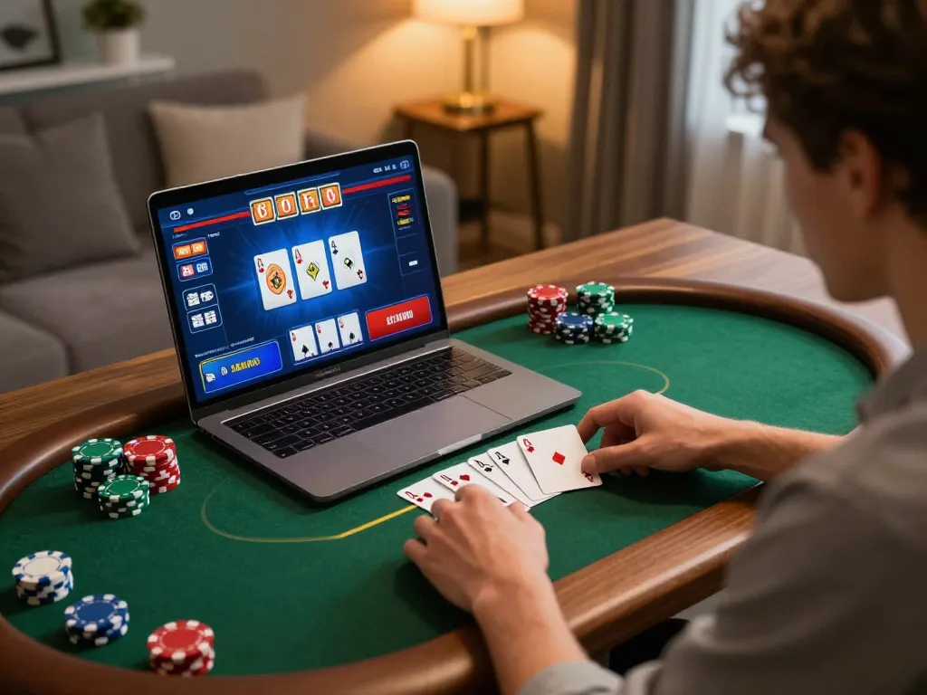 Player enjoying a strategic session of TR88 poker online, showcasing vibrant game interface and cozy home setting.