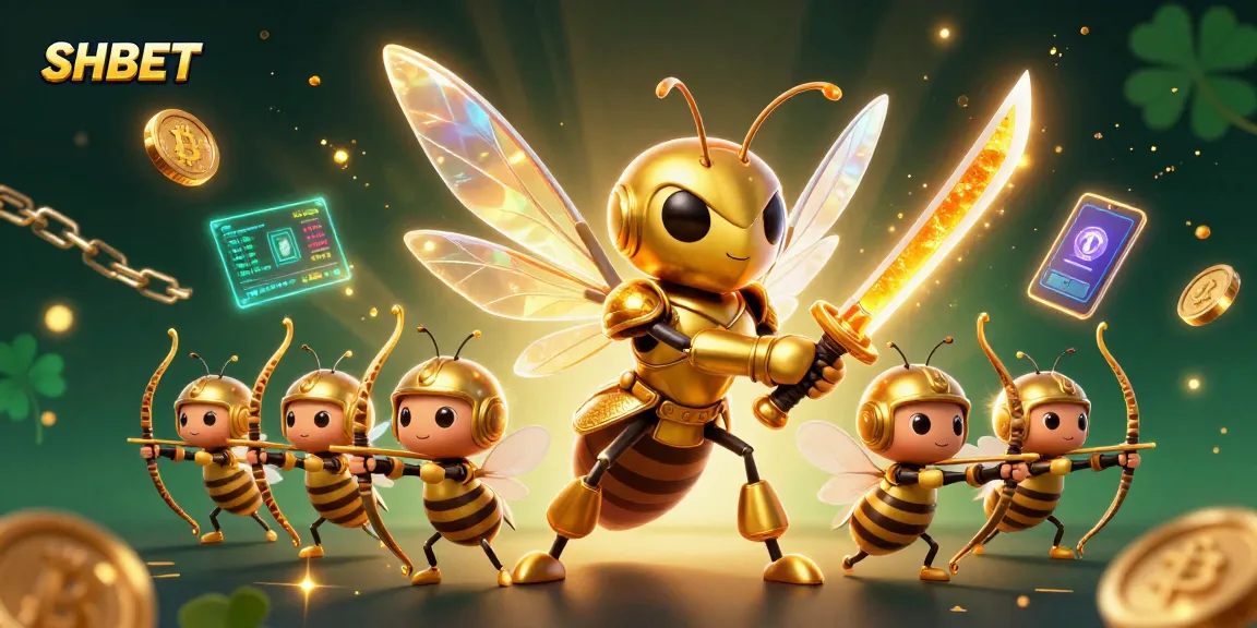 Experience SHBET’s vibrant gambling realm featuring a golden hornet samurai and bee archers among Ethereum and Bitcoin.
