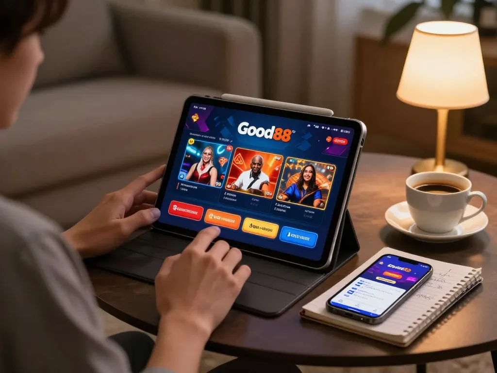 Engaged user playing Good88 casino game on a tablet, showcasing strategic online gambling experience in a cozy setting.