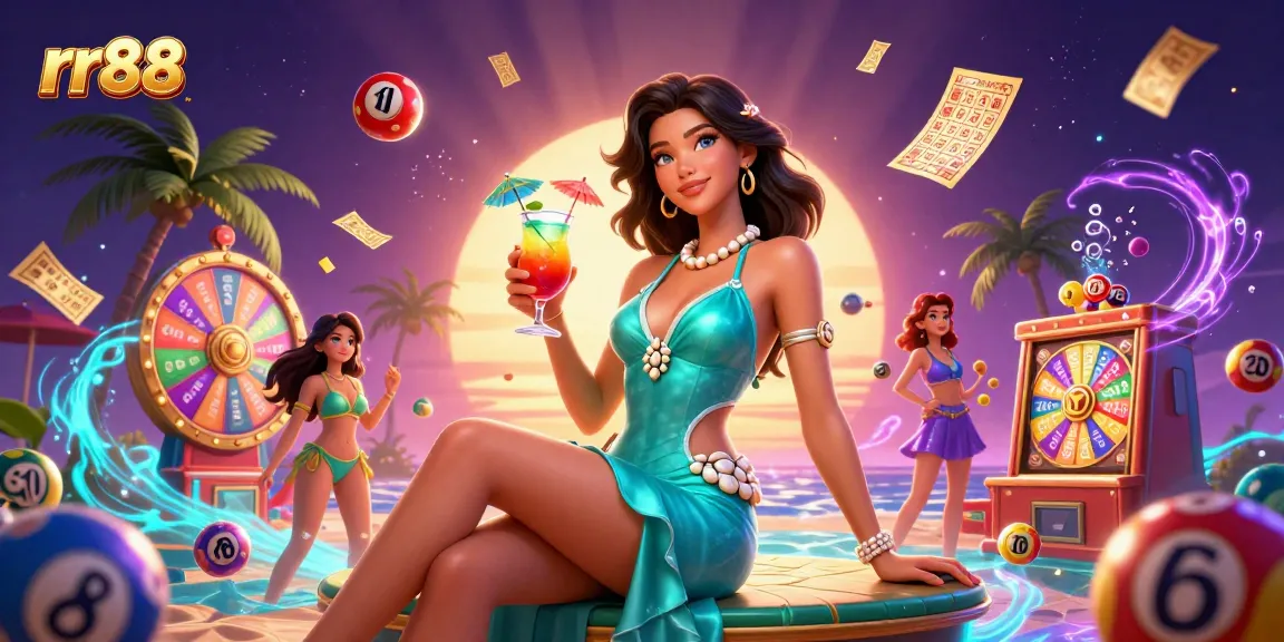 Experience rr88's vibrant atmosphere filled with lottery balls, cocktails, and golden prizes.