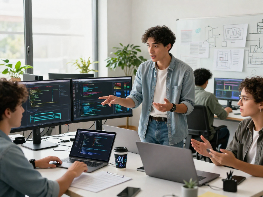 Dynamic workspace showing diverse professionals collaborating on an ai +18 project in modern office with engaging atmosphere.