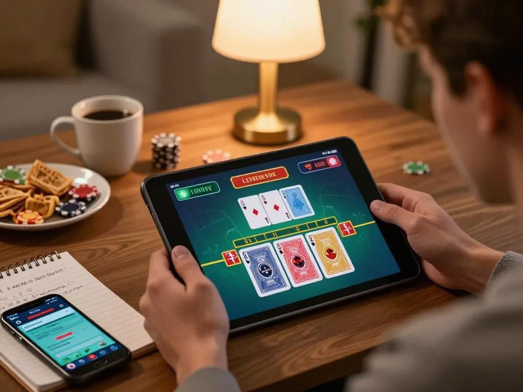 cm88 player enjoying live dealer blackjack game at home with tablet and snacks